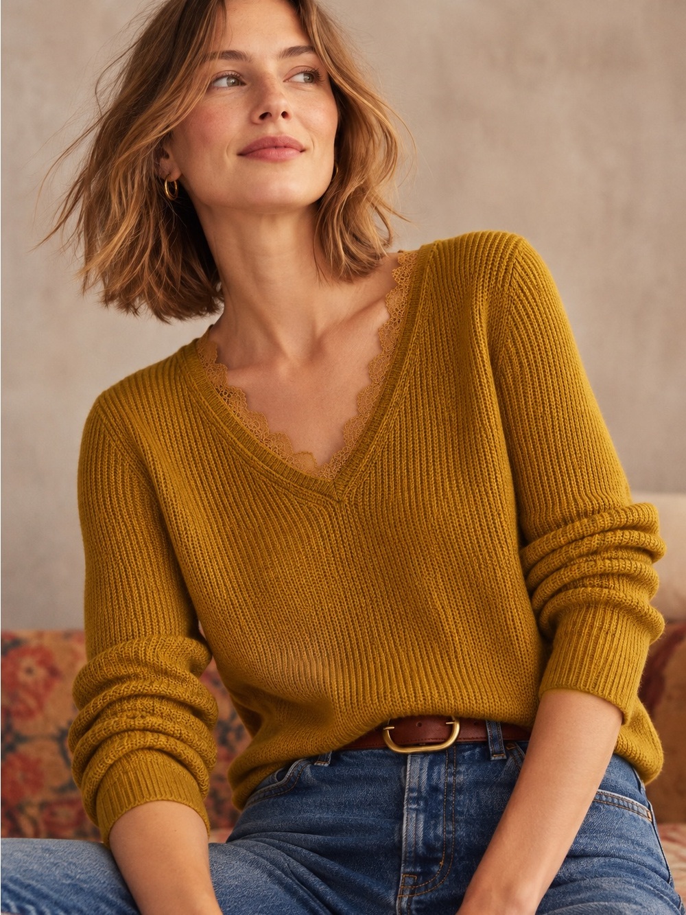 Boden Mustard Wool Blend Lace Trim V Neck Knit Sweater Size US 8